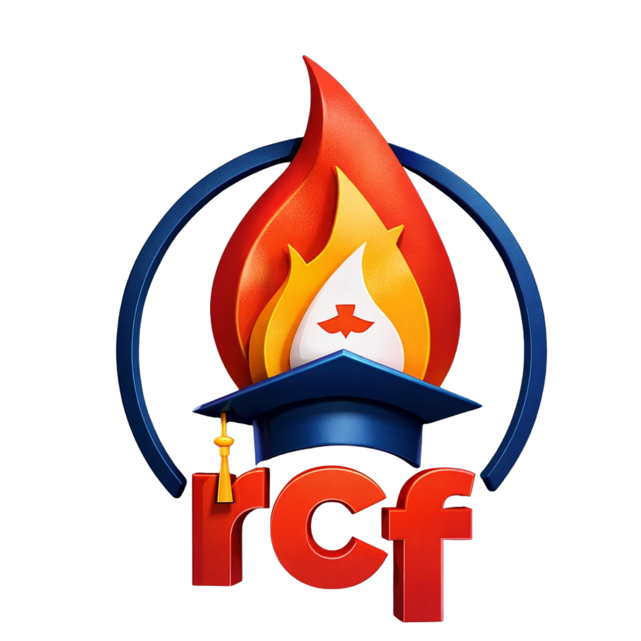 RCF 3D mark — flame, graduation cap, and dove